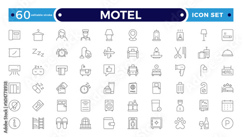 Motel outline icon set. Hotel icon set. Hotel services related line icons: room, rental, reservation, hotel booking, parking, bellboy, breakfast, travel, vacation. Editable stroke outline icon.
