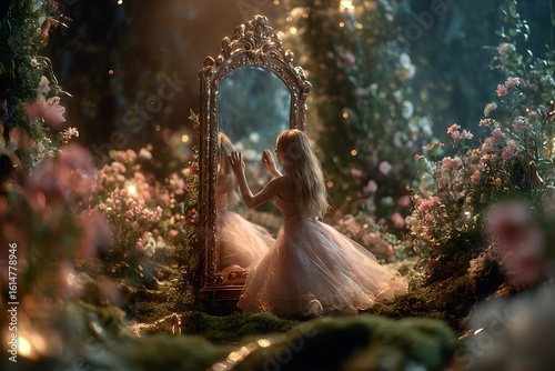 Enchanting fairytale scene of a young woman gazing into a gilded mirror in a whimsical floral garden setting