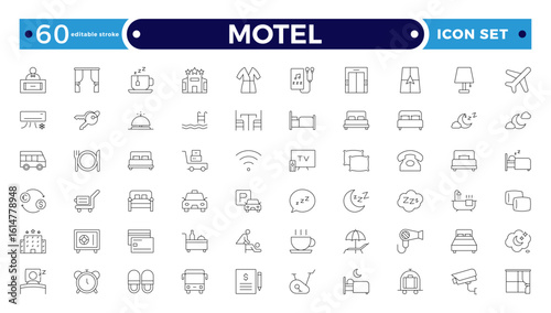 Motel outline icon set. Hotel icon set. Hotel services related line icons: room, rental, reservation, hotel booking, parking, bellboy, breakfast, travel, vacation. Editable stroke outline icon.
