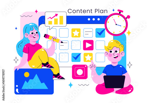 Social Media Content Planning Illustration Featuring People Making Notes on the Calendar with Scheduling Posts and Media Plan for Promotion Marketing