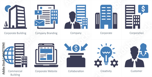 A set of 10 mix icons as corporate building, company branding, company