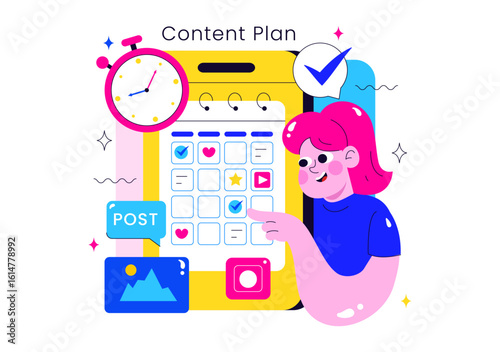 Social Media Content Planning Illustration Featuring People Making Notes on the Calendar with Scheduling Posts and Media Plan for Promotion Marketing