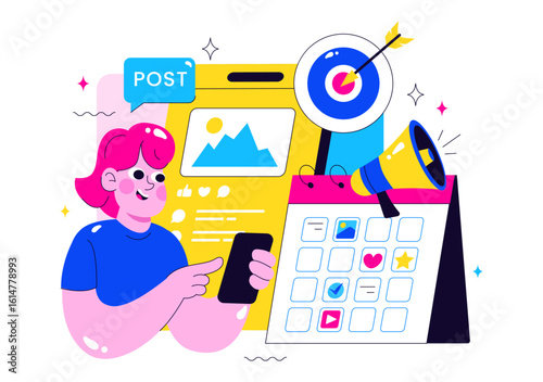 Social Media Content Planning Illustration Featuring People Making Notes on the Calendar with Scheduling Posts and Media Plan for Promotion Marketing