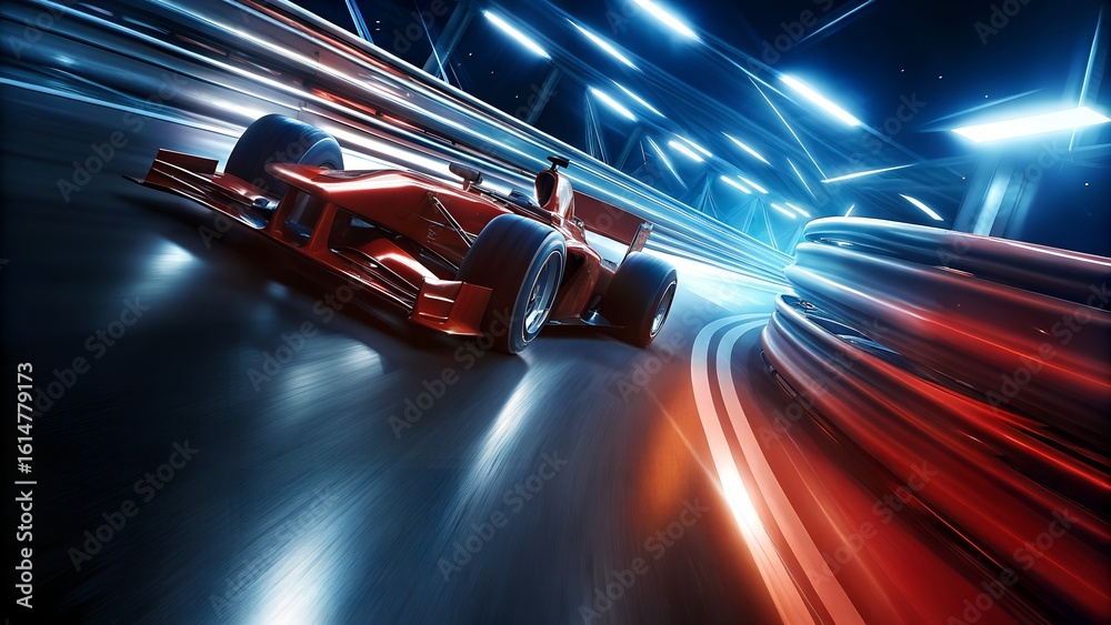 Naklejka premium Red Formula Racing Car at High Speed on Track with Motion Light Trails