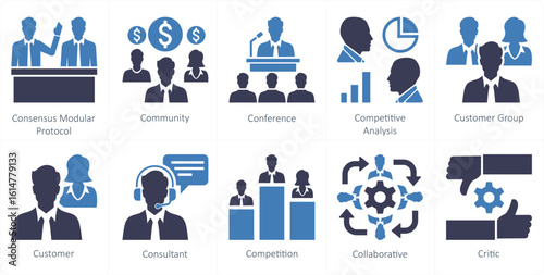 A set of 10 mix icons as consensus modular protocol, community, conference