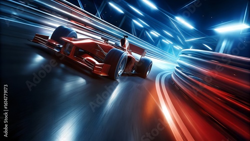 Red Formula Racing Car at High Speed on Track with Motion Light Trails