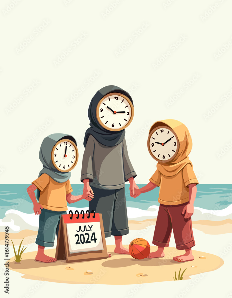 Naklejka premium Family of clock characters on summer beach trip