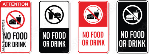 Clear no food or drink signs for various business settings