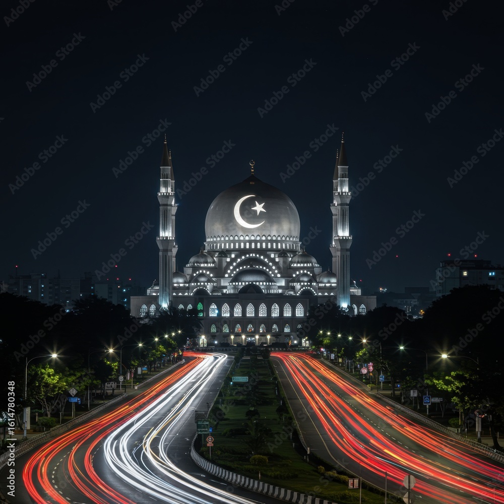 Obraz premium Majestic Night View of Sultan Salahuddin Abdul Aziz Shah Mosque with Light Trails