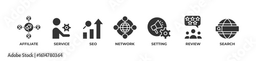 Affiliate Network Solutions Icons set vector illustration glyph with Affiliate, Service,  Seo, Network, Setting, Review, Search