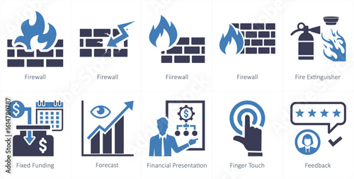 A set of 10 mix icons as firewall, fire extinguisher, fixed funding