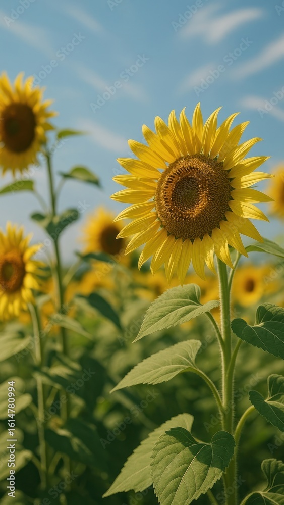 Fototapeta premium Vibrant sunflowers under clear sky.