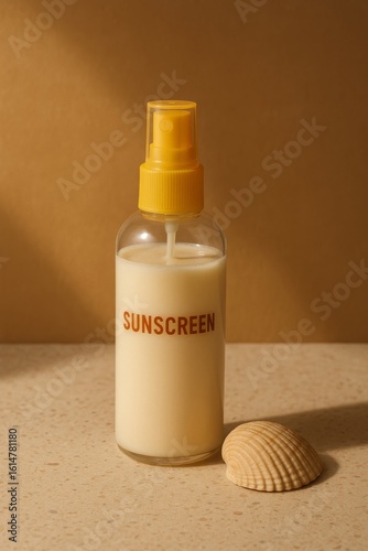A bottle of sunscreen with a seashell on a beige background