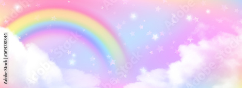 Magical unicorn sky with rainbow gradient and clouds. Pastel pink purple dreamscape with sparkling stars and soft cotton atmosphere for fantasy birthday party backdrop or fairy tale illustrations.