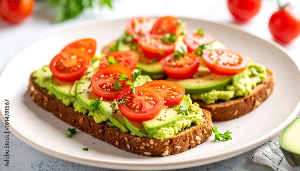 Two avocado toast sandwiches, topped with cherry tomatoes and fresh parsley Two avocado toast sandwiches, topped with cherry tomatoes and fresh parsley