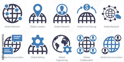 A set of 10 mix icons as global network, global location, global fund raising