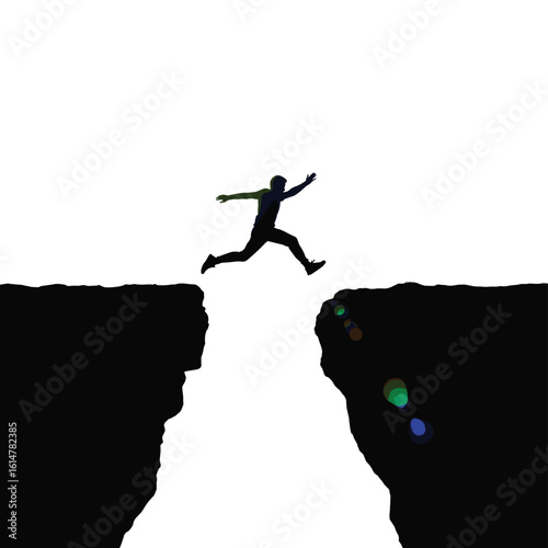 Silhouette of Man Leaping Across a Chasm, Symbolizing Overcoming Obstacles, Courage, and Risk-Taking, Ideal for Business Challenges, Personal Growth, with a Sense of Determination.