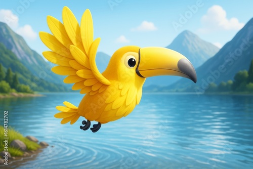 Cute yellow cartoon bird with big beak flying over calm lake surrounded by forested mountains in bright daylight scene. Ai generative. Ai generative