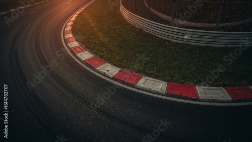 Empty race track corner with asphalt red white curb and grass at sunset