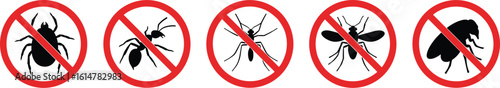 Pest Control No Entry Signs Collection, Featuring Prohibited Insects Like Spiders and Mosquitos, Ideal for Extermination, Hygiene, and Health Awareness Concepts, with Clear Red Circles.