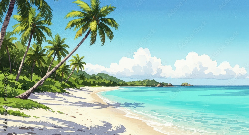 Obraz premium Idyllic tropical beach scene with palm trees under a sunny sky