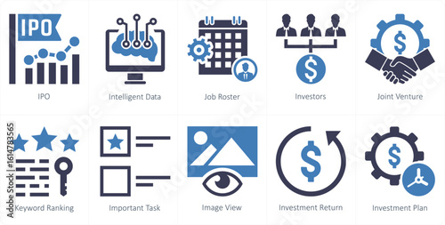 A set of 10 mix icons as ipo, intelligent data, job roster