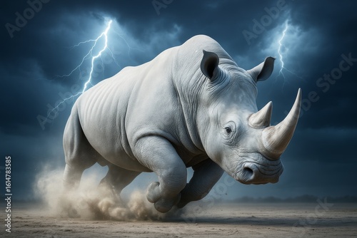 Majestic white rhino charging on dusty terrain under dramatic lightning-filled stormy sky with intense energy and power in surreal background scene. Ai generative