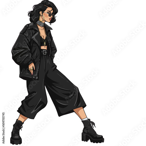 Illustration of a woman in black outfit wearing sunglasses and chunky boots in a confident pose