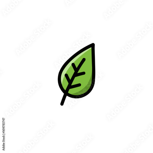 Illustration of a single green leaf with black outline and veins on a white background image style