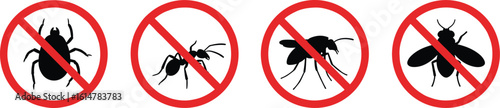 Pest Control No Entry Signs Collection, Featuring Prohibited Insects Like Spiders and Mosquitos, Ideal for Extermination, Hygiene, and Health Awareness Concepts, with Clear Red Circles.