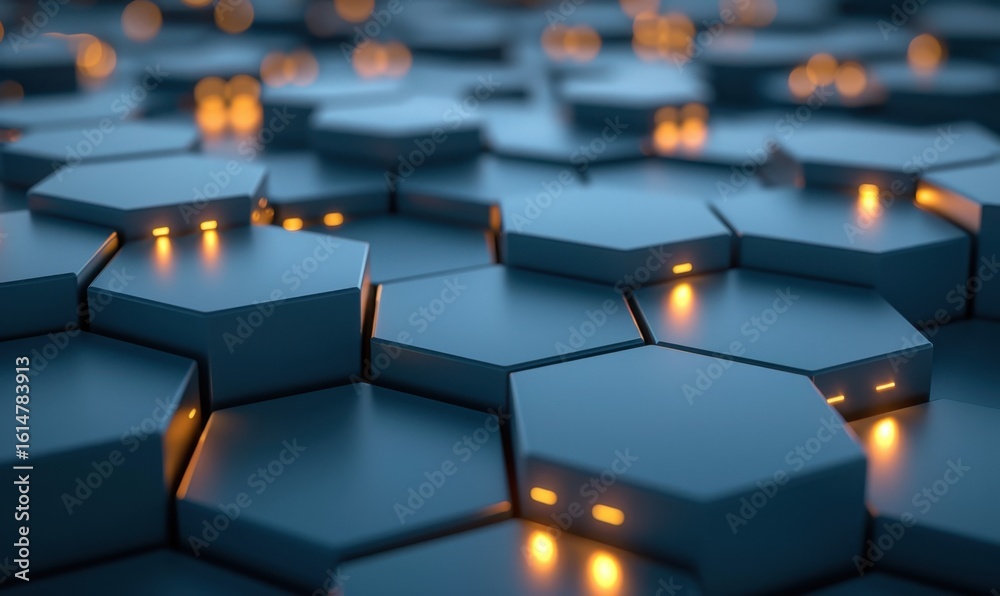 Obraz premium Abstract hexagon pattern with blue tones and glowing orange lights
