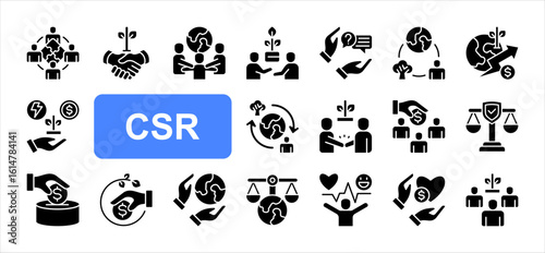 Corporate Social Responsibility editable stroke icon set. Unity, Support, Assistance, Ecosystem, Development, Commitment, Humanity, Integrity, Environment, Contribution.