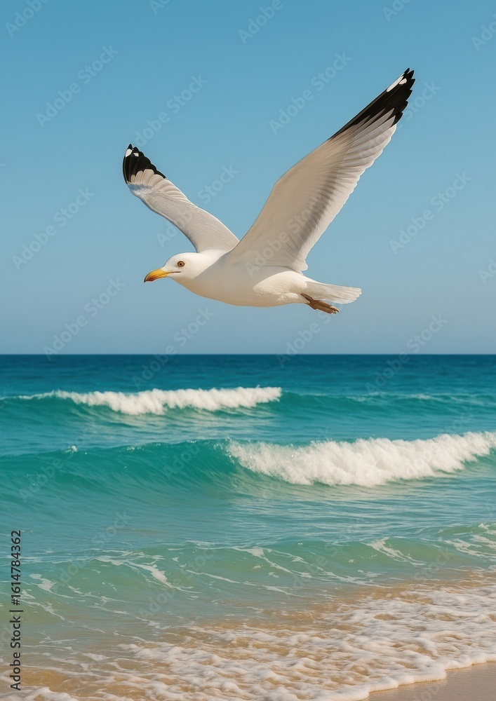 Seagull soaring over ocean waves. Seagull soaring over ocean waves.