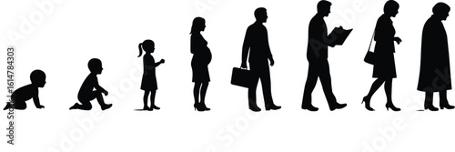 Progression of Human Life Silhouettes, Illustrating Stages from Infancy to Elderhood, Including Pregnancy and Professional Life, Ideal for Demographic, Healthcare, and Developmental Concepts.