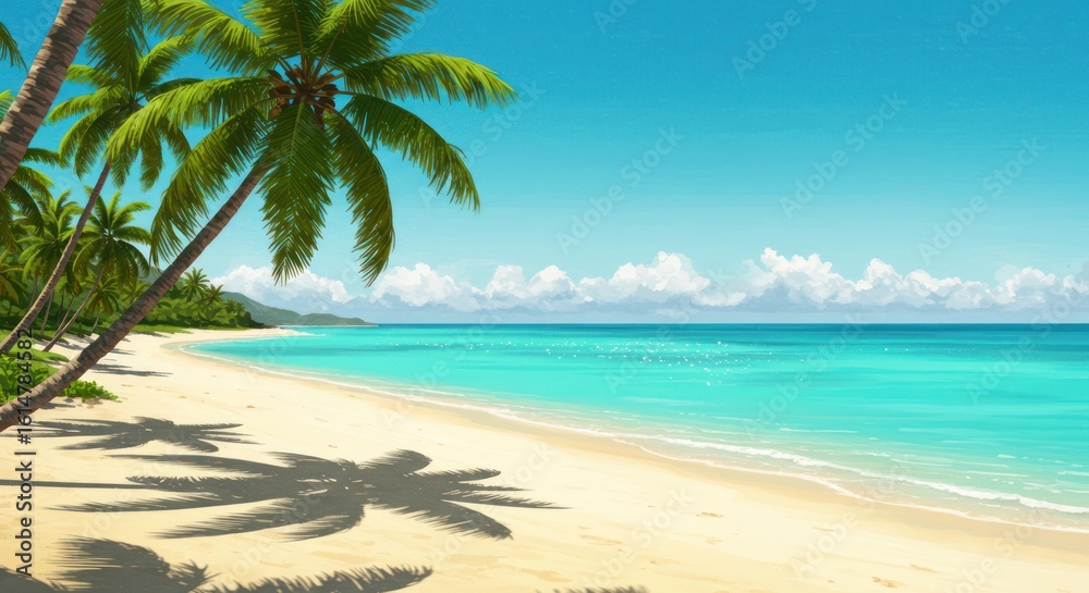 Fototapeta premium Idyllic tropical beach scene with palm trees and turquoise water.