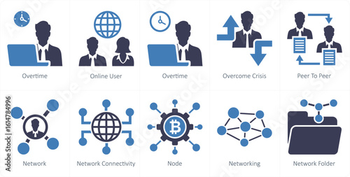 A set of 10 mix icons as overtime, online user, overcome crisi