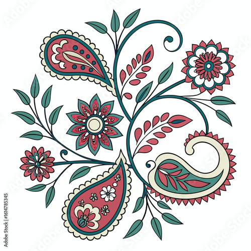 Detailed paisley pattern with floral elements and swirling vines in a symmetrical arrangement design