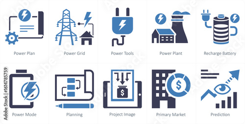 A set of 10 mix icons as power plan, power grid, power tools