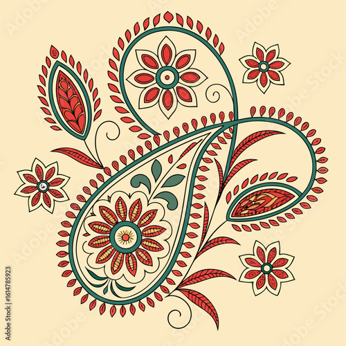 Ornate paisley design with floral elements and teardrop shape in red green and beige color palette art