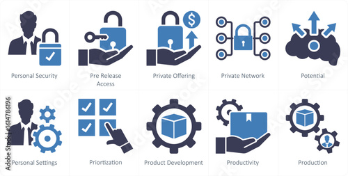 A set of 10 mix icons as personal security, pre release access, private offering