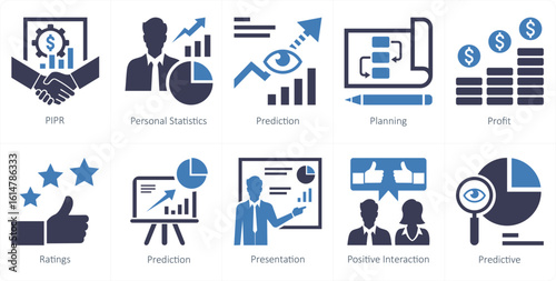 A set of 10 mix icons as pipr, personal statistics, prediction