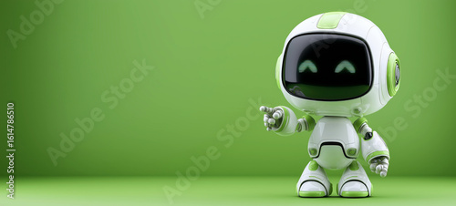 Cute cartoon character smart mini white robot assistant points finger on green isolated background