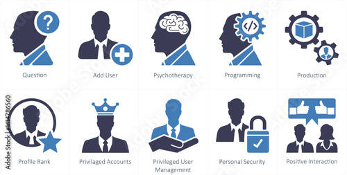 A set of 10 mix icons as question, add user, psychotherapy