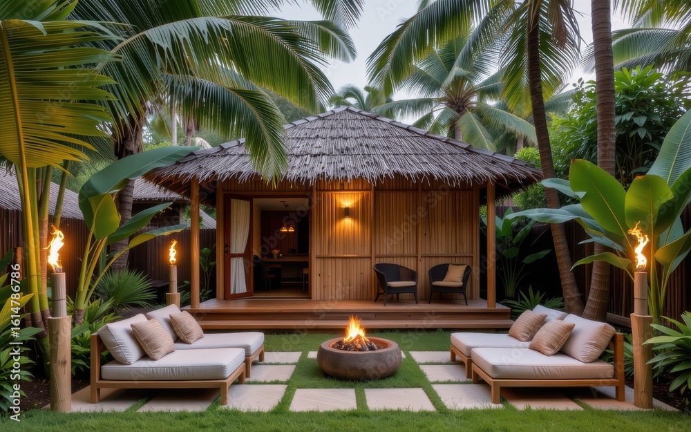 Fototapeta premium Tropical retreat with a thatched roof and a cozy fire pit.