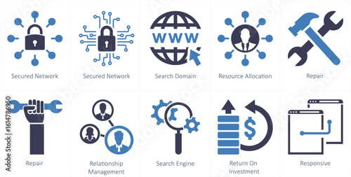 A set of 10 mix icons as secured network, search domain, resource allocation