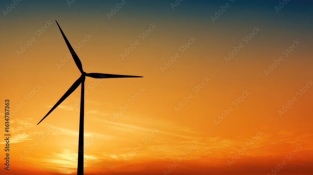 Obraz premium Wind turbine against sunset sky, symbolizing clean energy and sustainable future