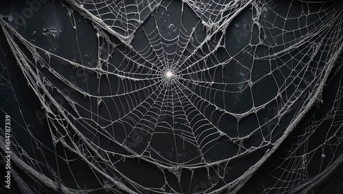 Black banner with dense, dusty spider webs and glistening dew. The rich black backdrop contrasts with intricate web patterns, evoking a spooky and ominous Halloween feel.