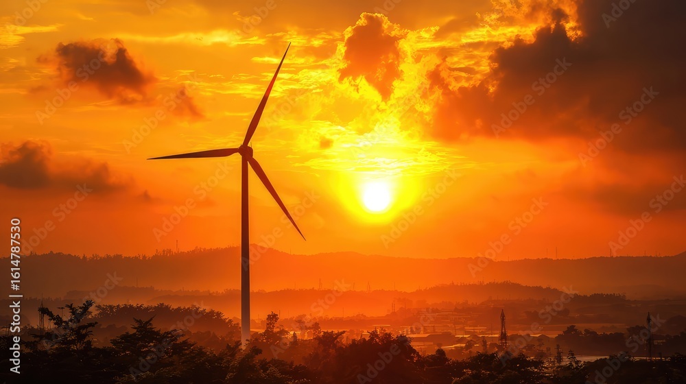 Obraz premium Wind turbine against sunset sky, symbolizing clean energy and sustainable future