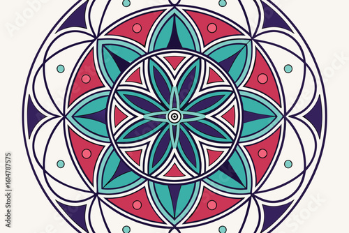 Circular design featuring floral motifs and geometric patterns with a blend of teal pink and purple hues