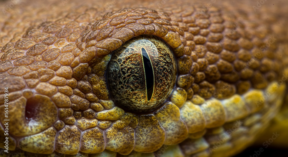 Fototapeta premium Macro Close-Up of Snake Eye and Scales – Sharp Detail, Vibrant Iris, Soft Background